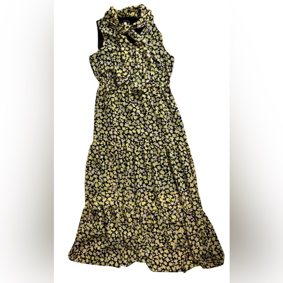 Who What Wear Neon Floral Yellow Black Maxi Dress Tiered Whimsigoth Cottagecore - Picture 2 of 12